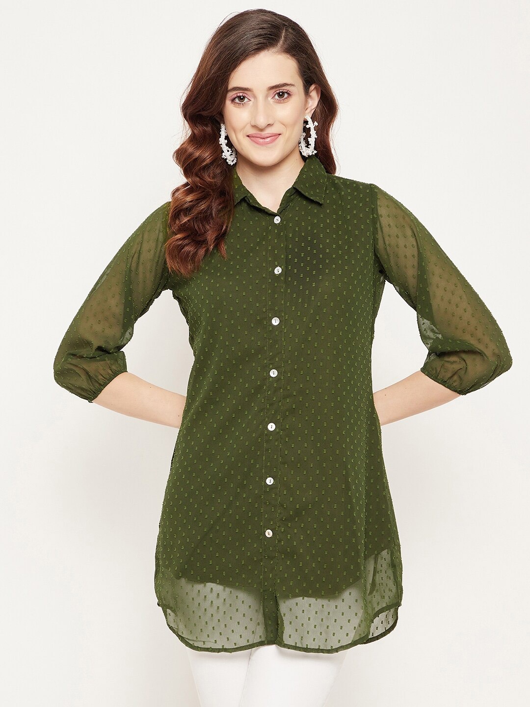 

Bitterlime Olive Green Shirt Collar Tunic