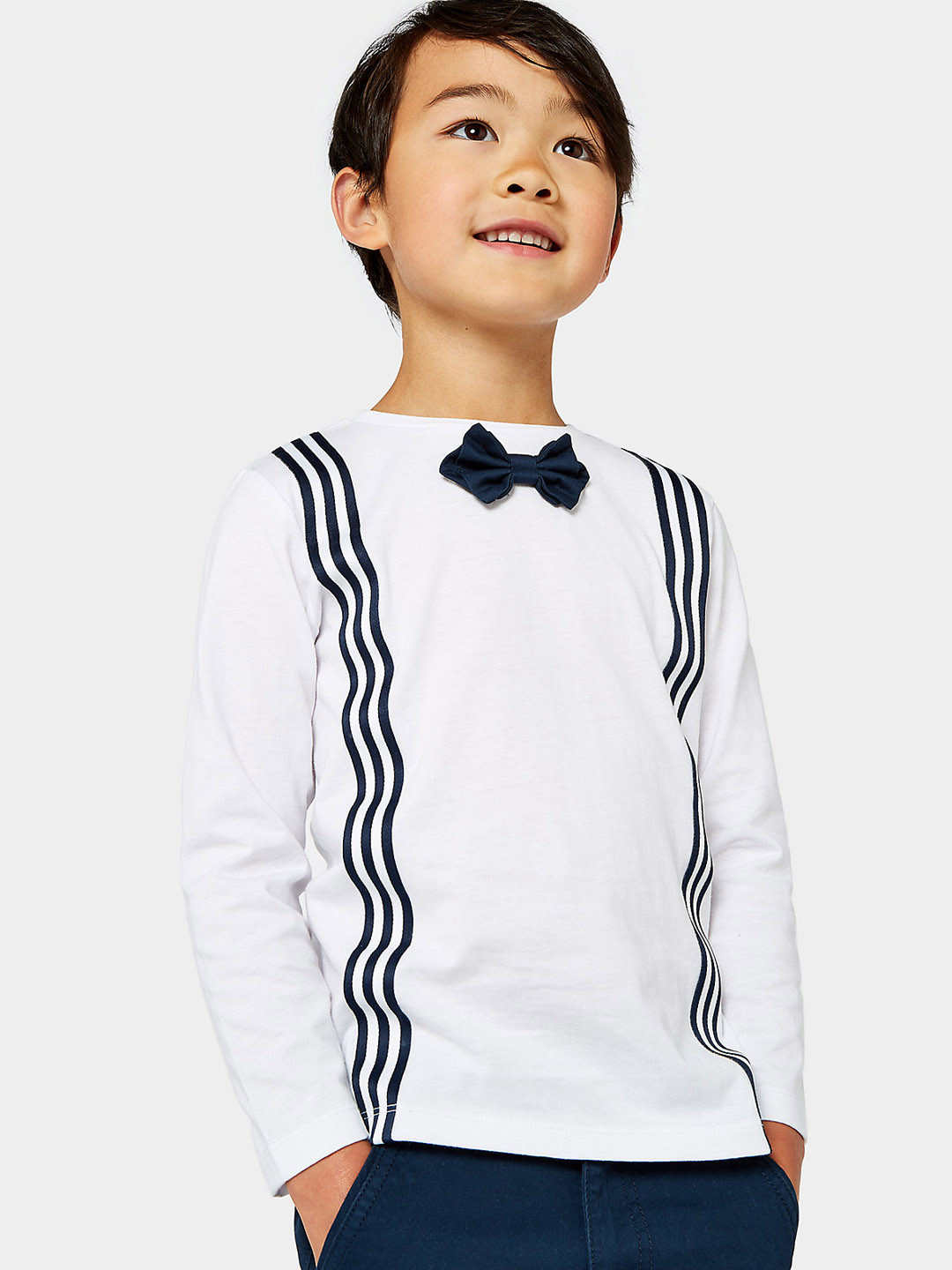 

mothercare Boys Striped Pure Cotton T-shirt With Bow Tie, White