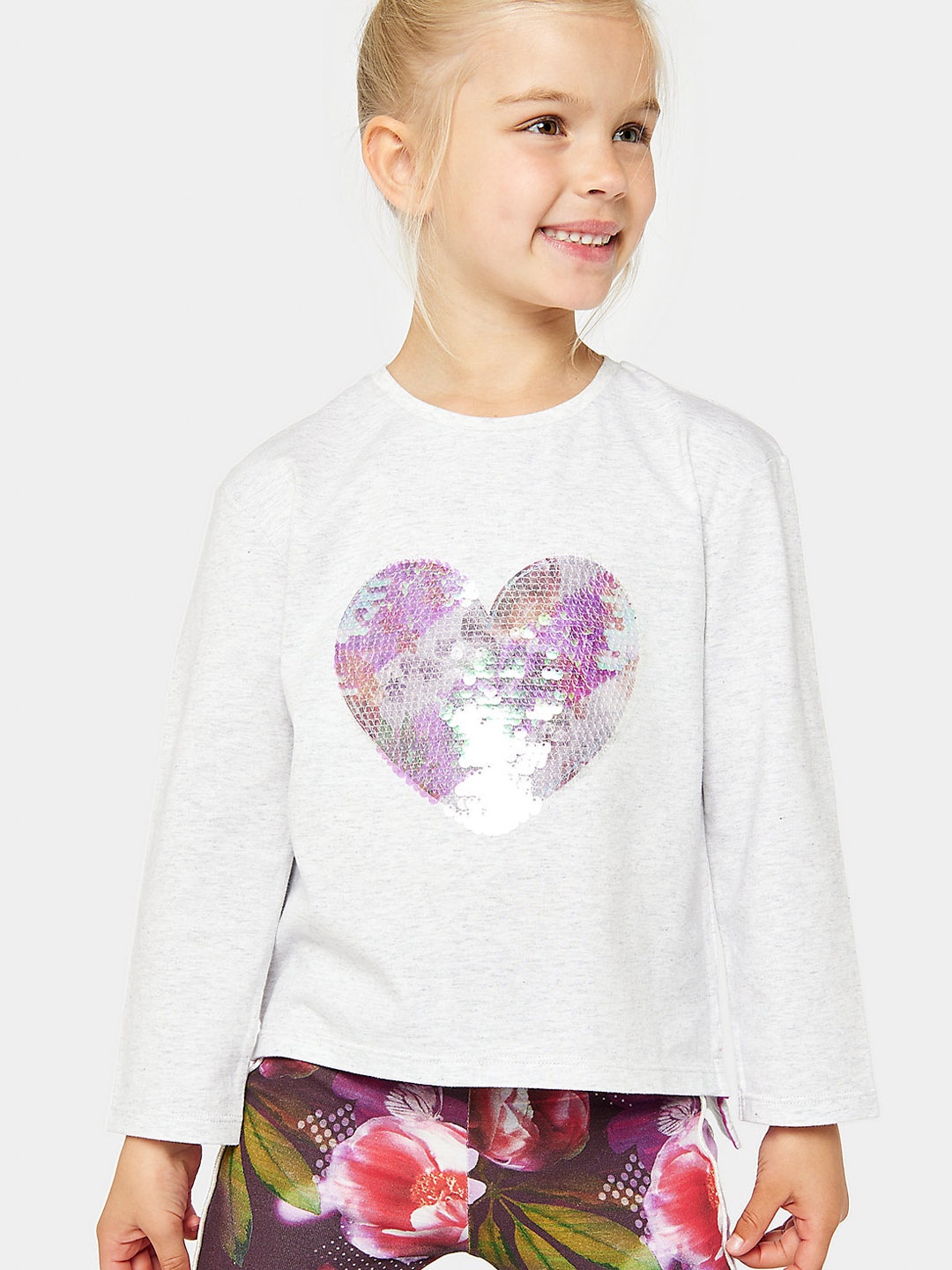 

mothercare Girls Reversible Sequins Embellished Pure Cotton Top, Grey melange
