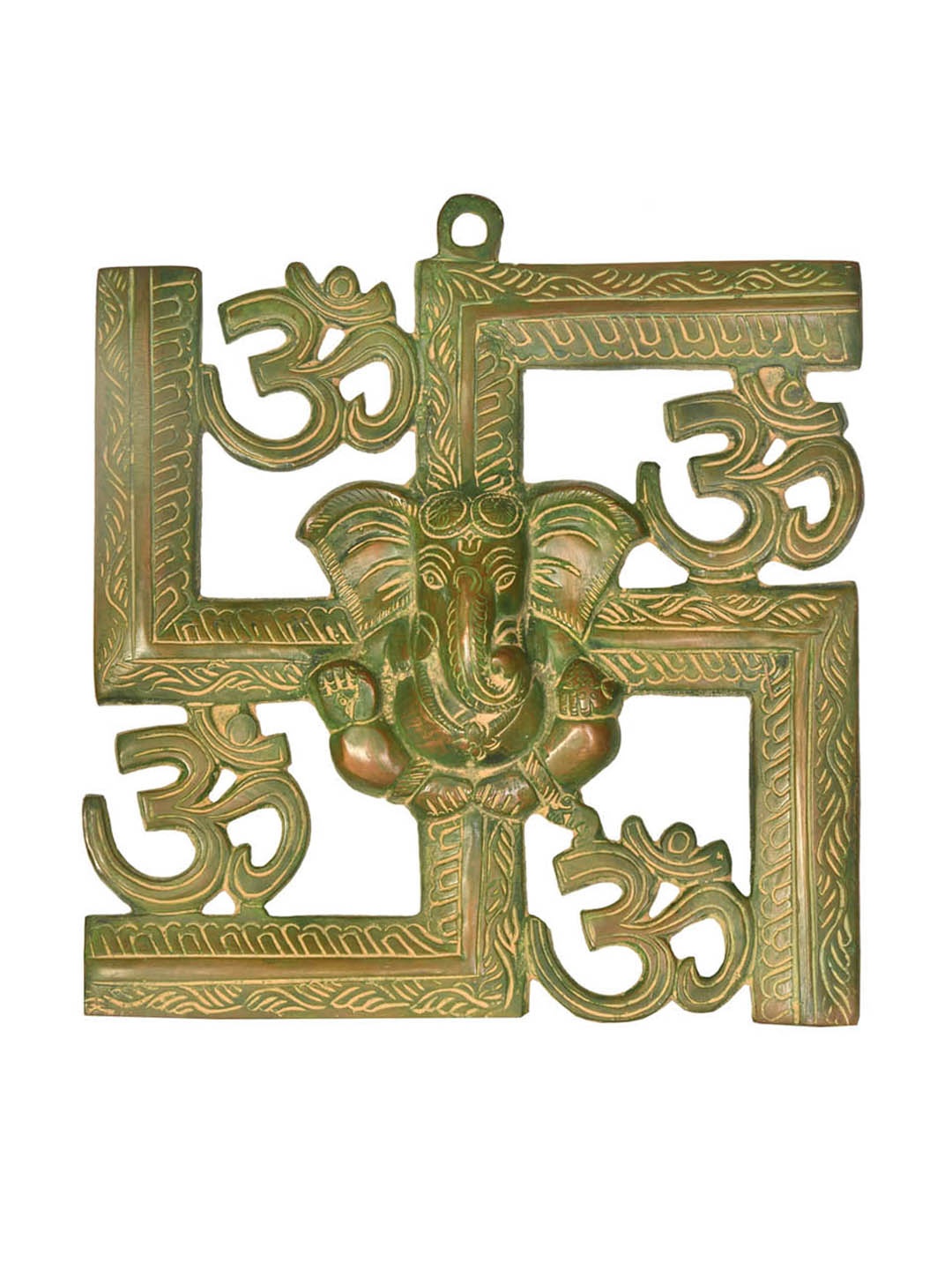 

Exotic India 8" Brass OM Ganesha Wall Hanging, Green