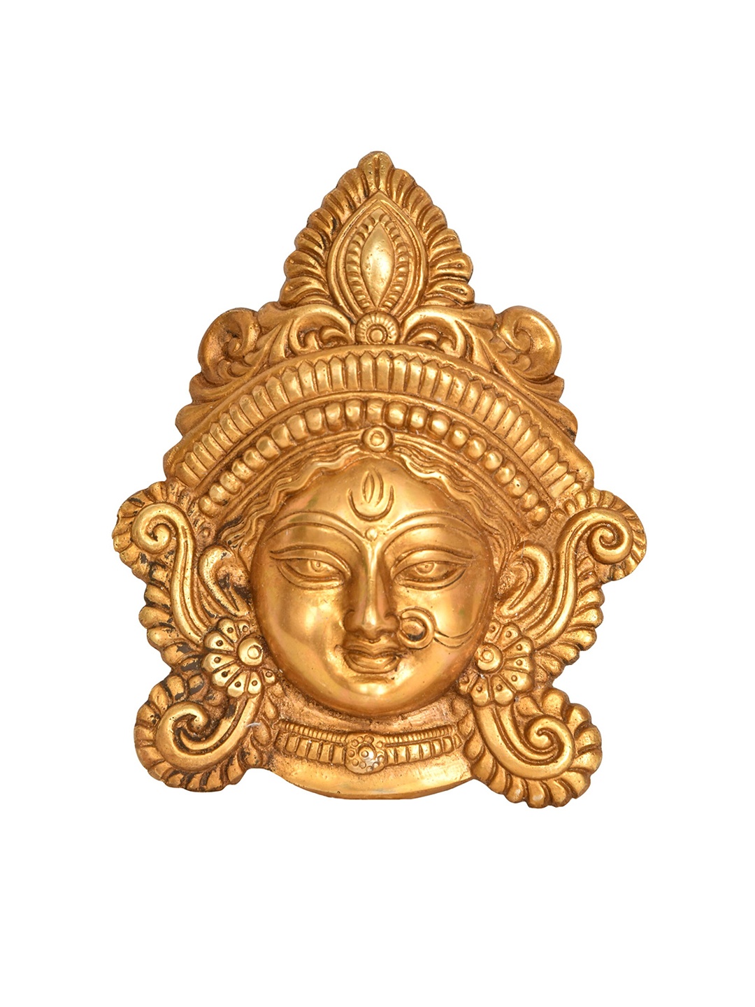 

Exotic India 7" Brass Goddess Durga Wearing A Nose Ring Wall Hanging Mask, Gold