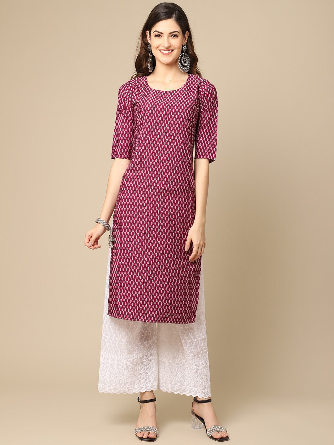 

7Threads Women Maroon & White Geometric Crepe Kurta