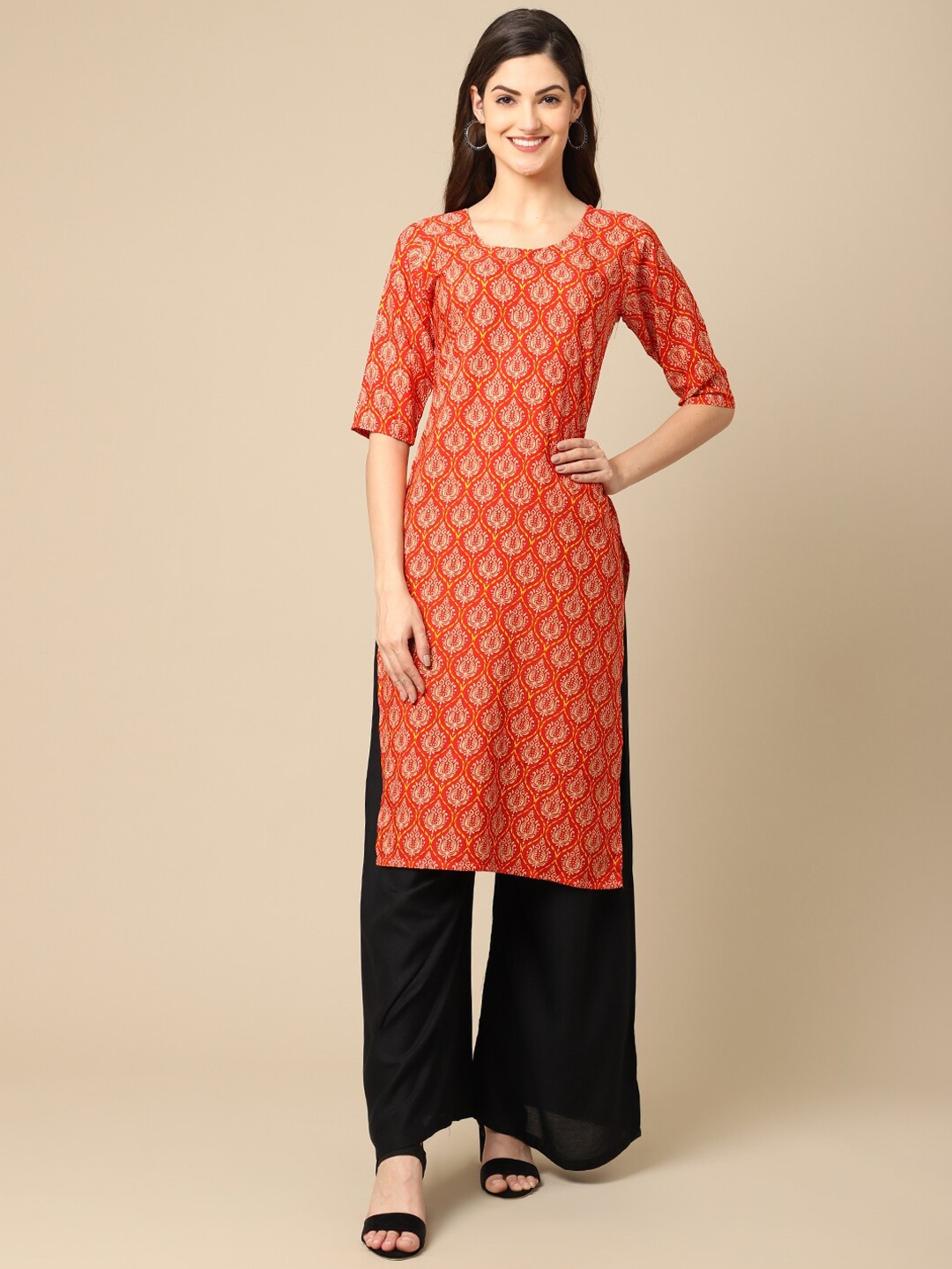 

7Threads Women Orange & Yellow Ethnic Motifs Printed Crepe Kurta