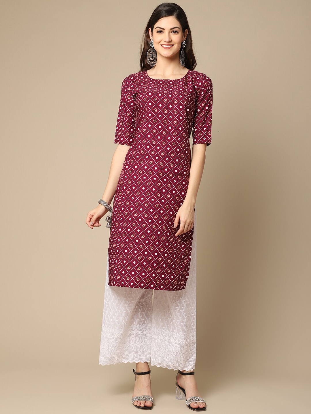 

7Threads Women Maroon & White Geometric Printed Crepe Kurta