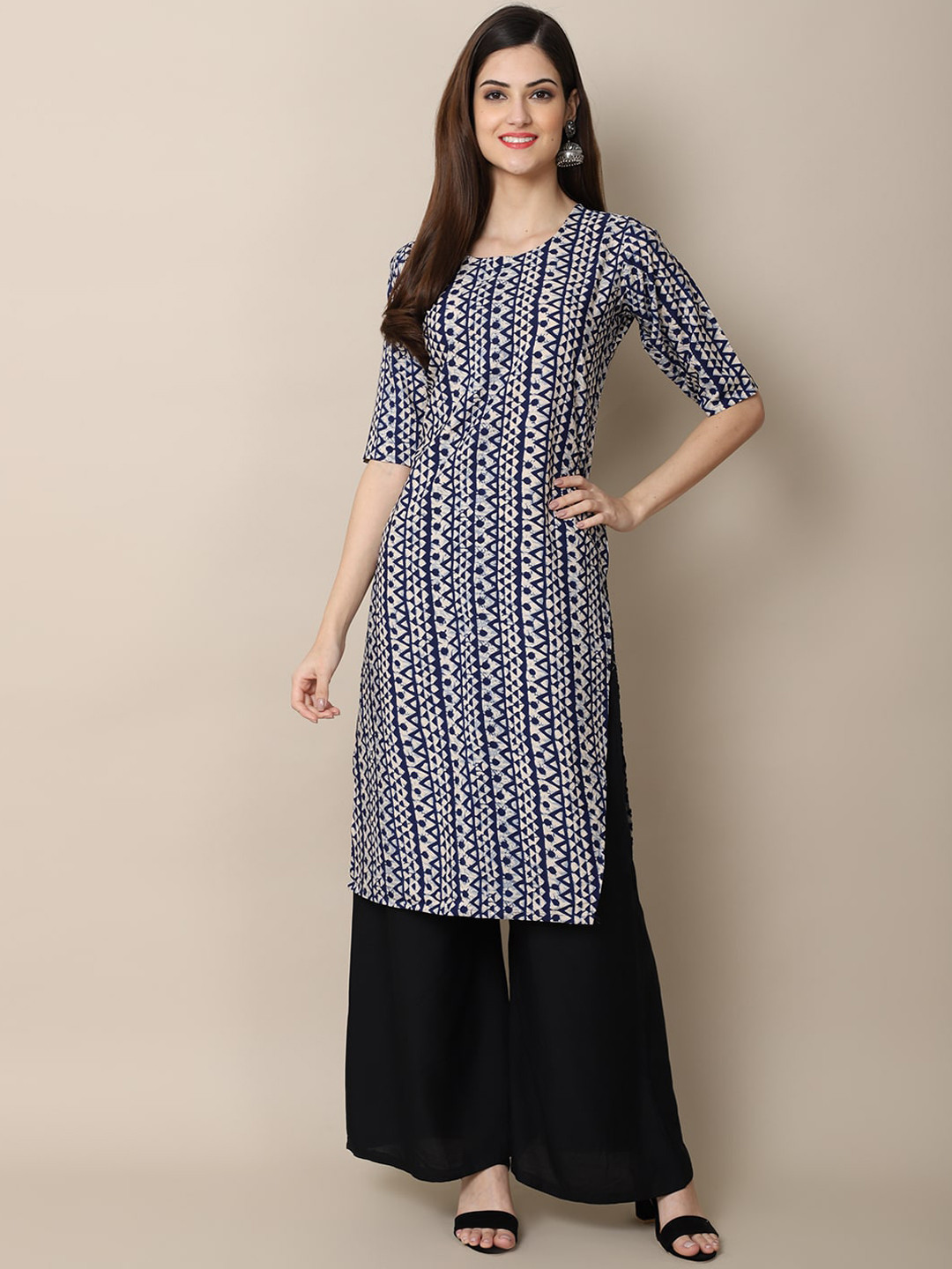

7Threads Women Blue Geometric Printed Mirror Work Summer Sheers Crepe Kurta