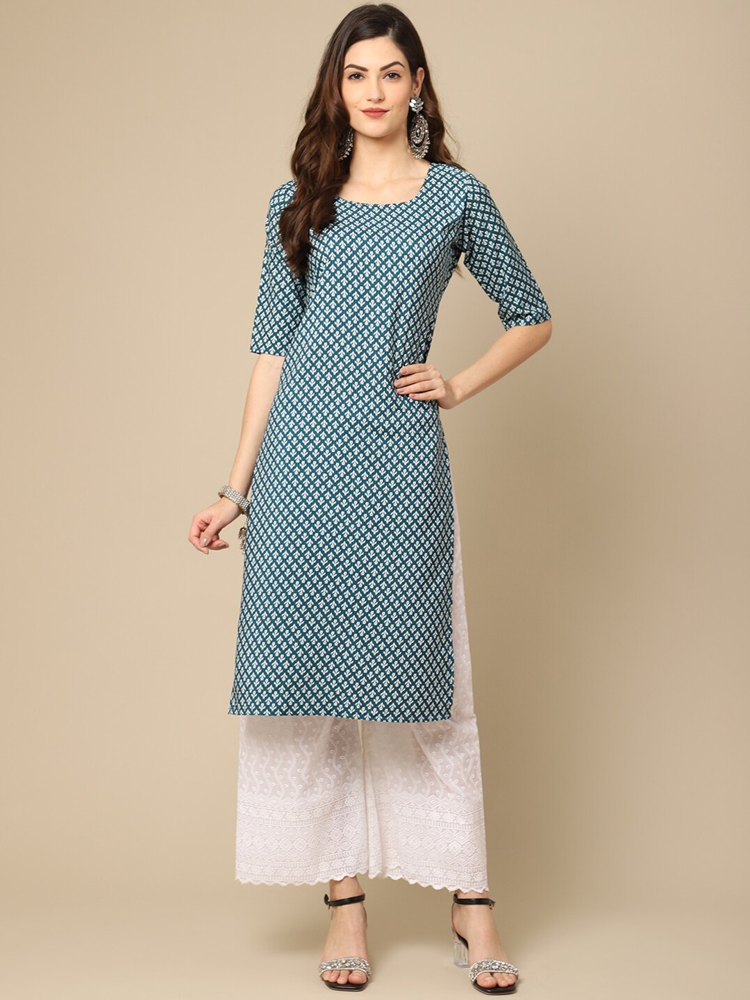 

7Threads Women Multicoloured Paisley Striped Flared Sleeves Mirror Work Summer Sheers Crepe Anarkali Kurta, Multi