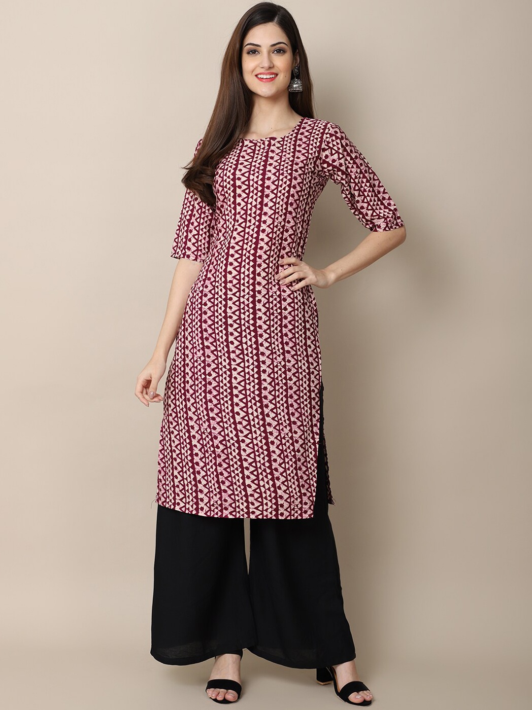 

7Threads Women Magenta Geometric Printed Crepe Kurta