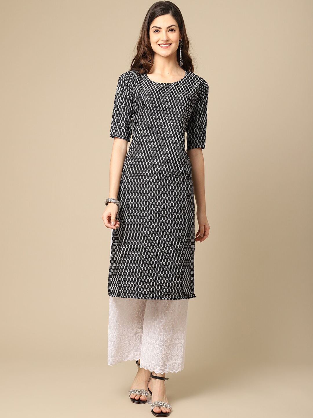 

7Threads Women Black & White Ethnic Motifs Printed Straight Crepe Kurta