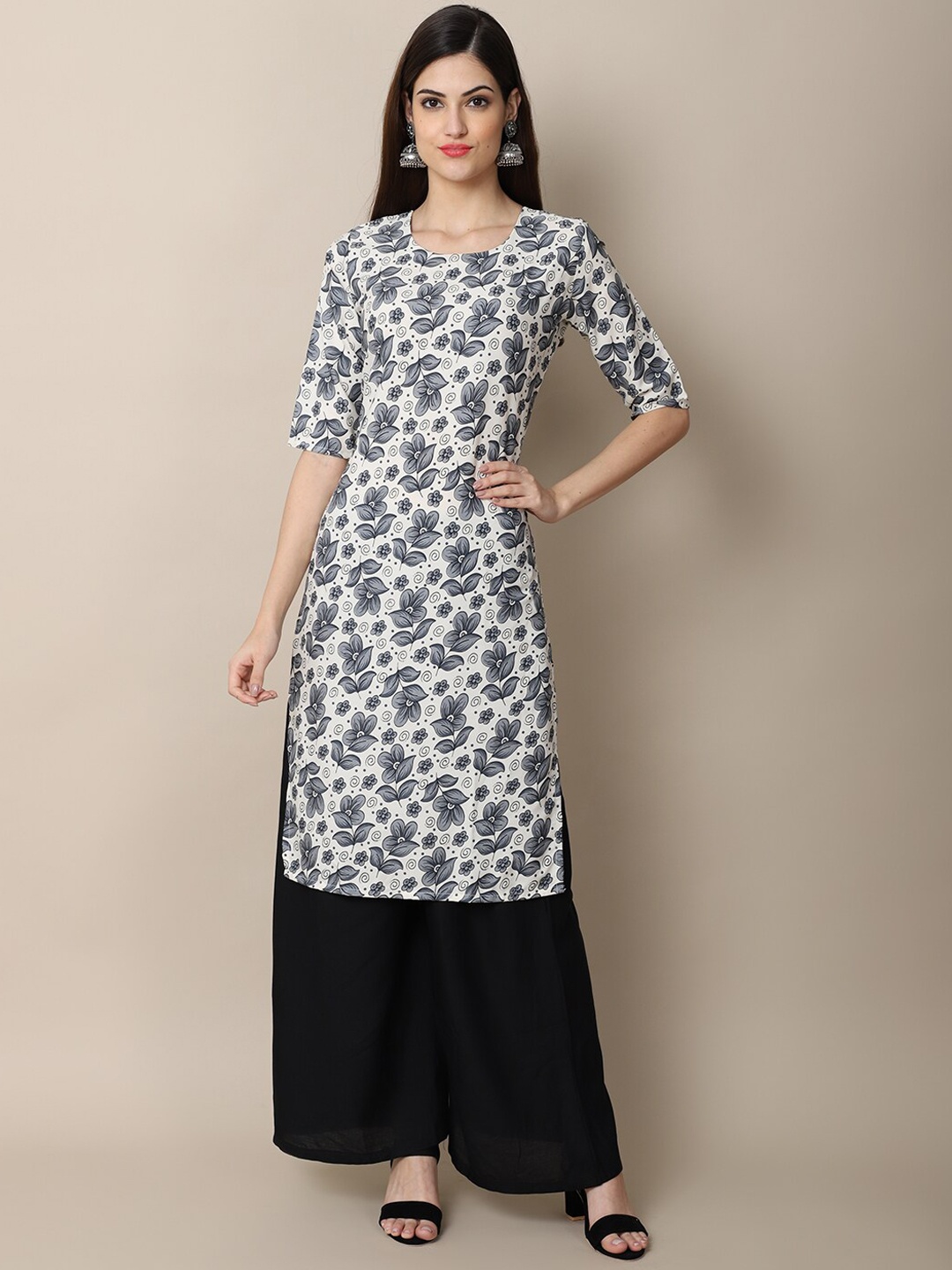 

7Threads Women Grey & White Floral Printed Straight Crepe Kurta