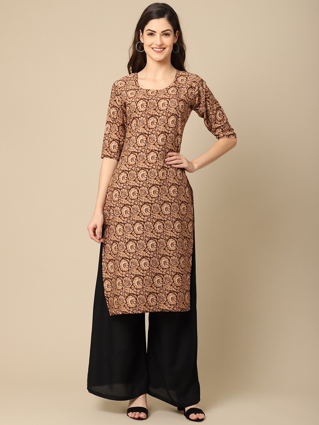 

7Threads Women Brown & Beige Ethnic Motifs Printed Straight Crepe Kurta