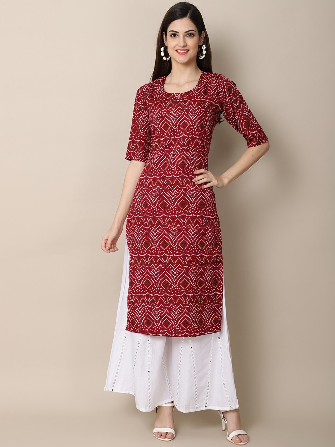 

7Threads Women Maroon Ethnic Motifs Printed Straight Crepe Kurta