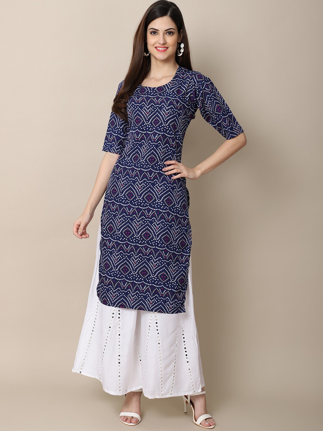 

7Threads Women Blue Geometric Bandhani Printed Straight Crepe Kurta