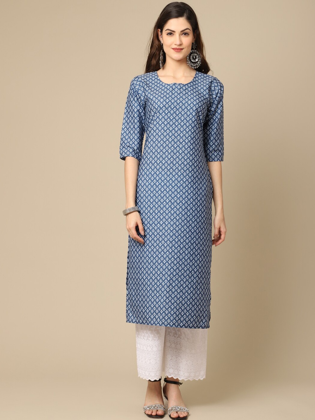 

7Threads Women Blue Printed Crepe Straight Kurta