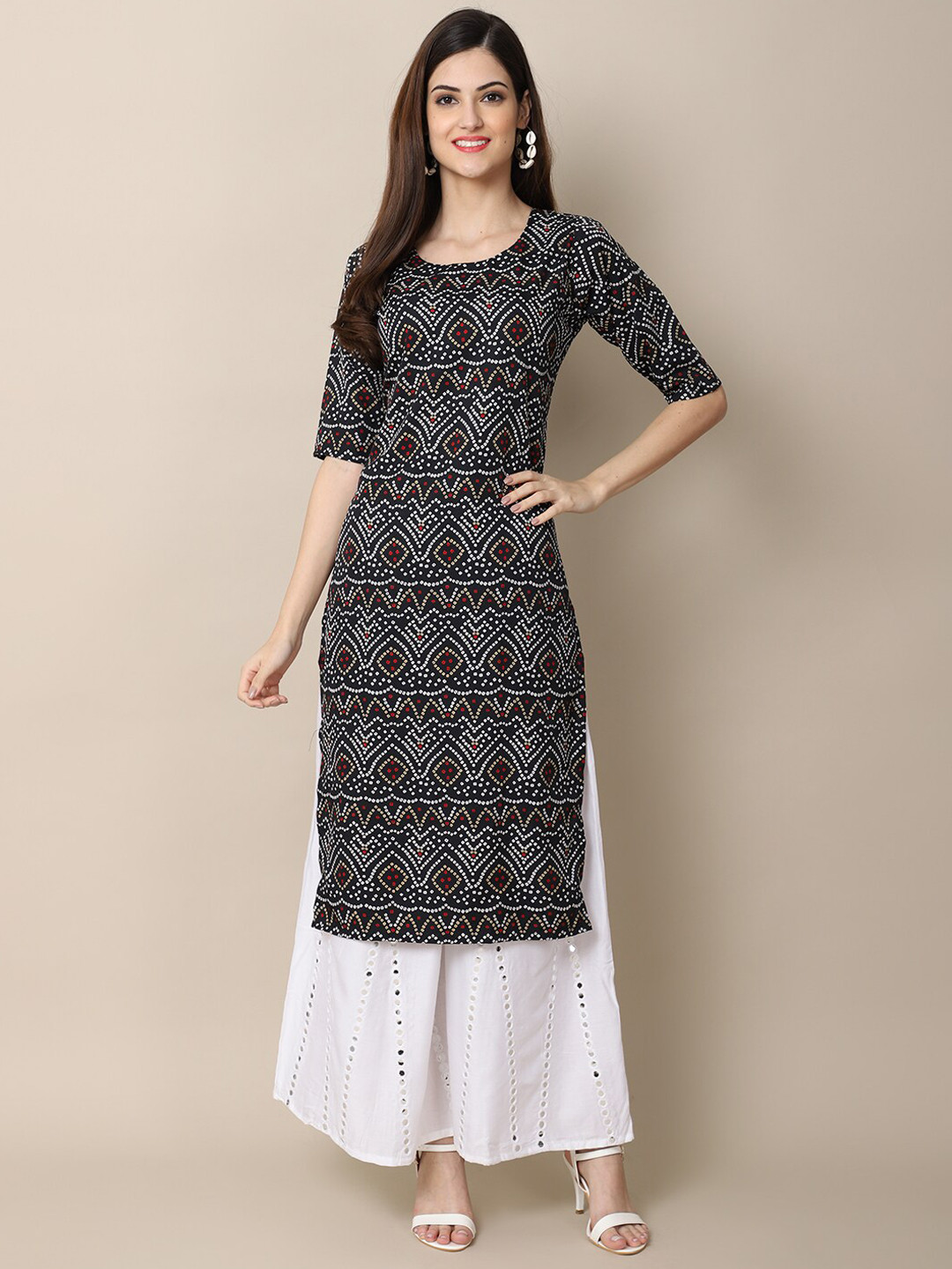 

7Threads Women Black & White Printed Crepe Straight Kurta