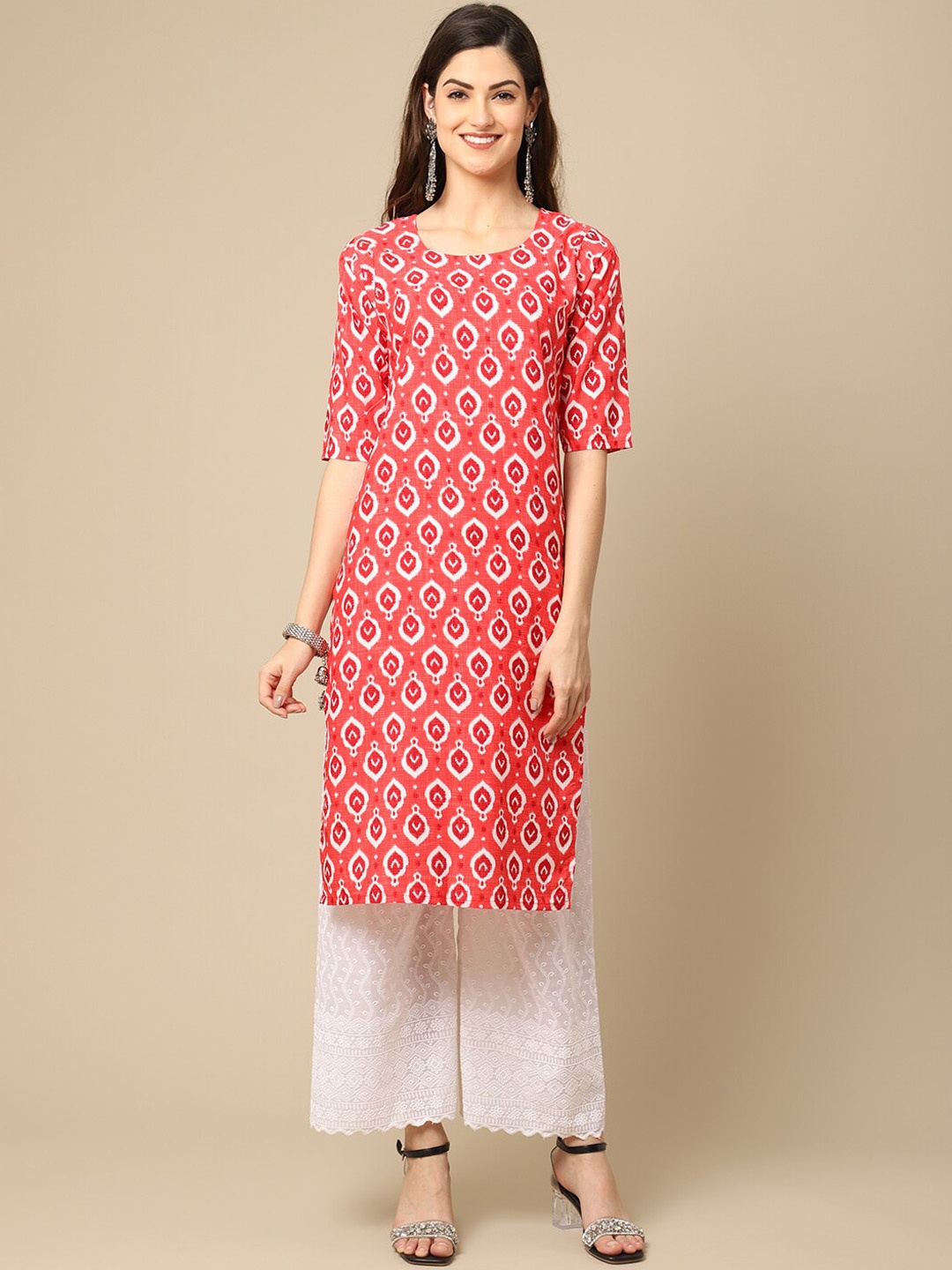 

7Threads Women Pink & White Printed Crepe Straight Kurta