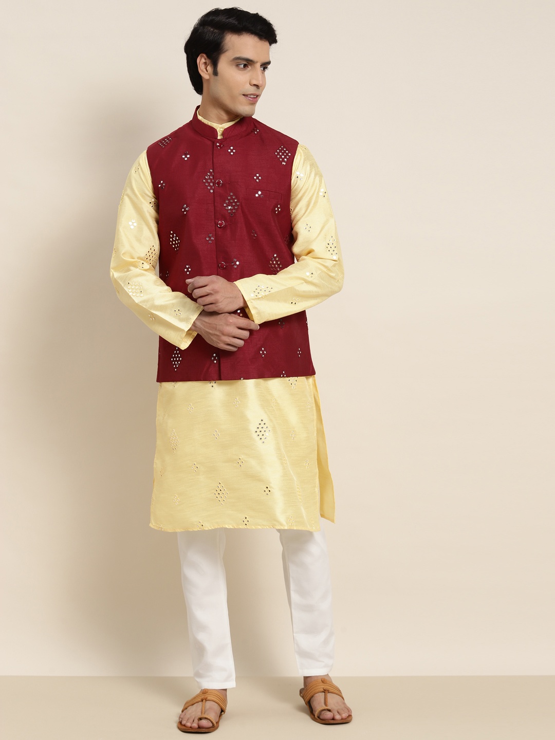 

SOJANYA Men Yellow Mirror Work Kurta with Pyjamas & Nehru Jacket