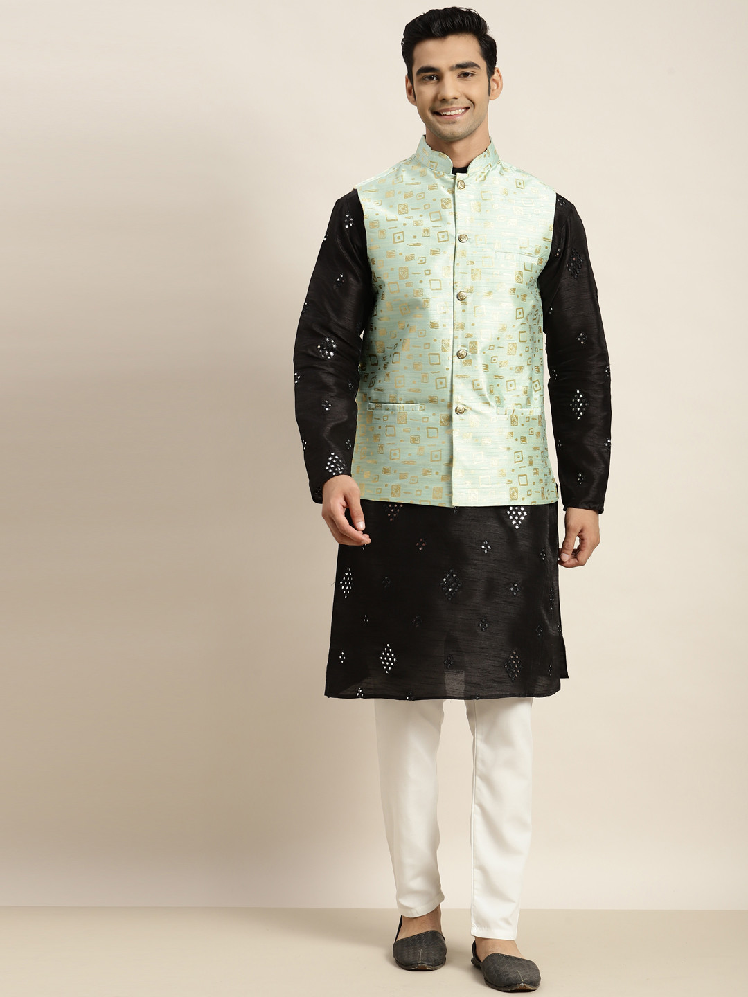 

SOJANYA Men Black Mirror Work Kurta with Pyjamas & Nehru Jacket
