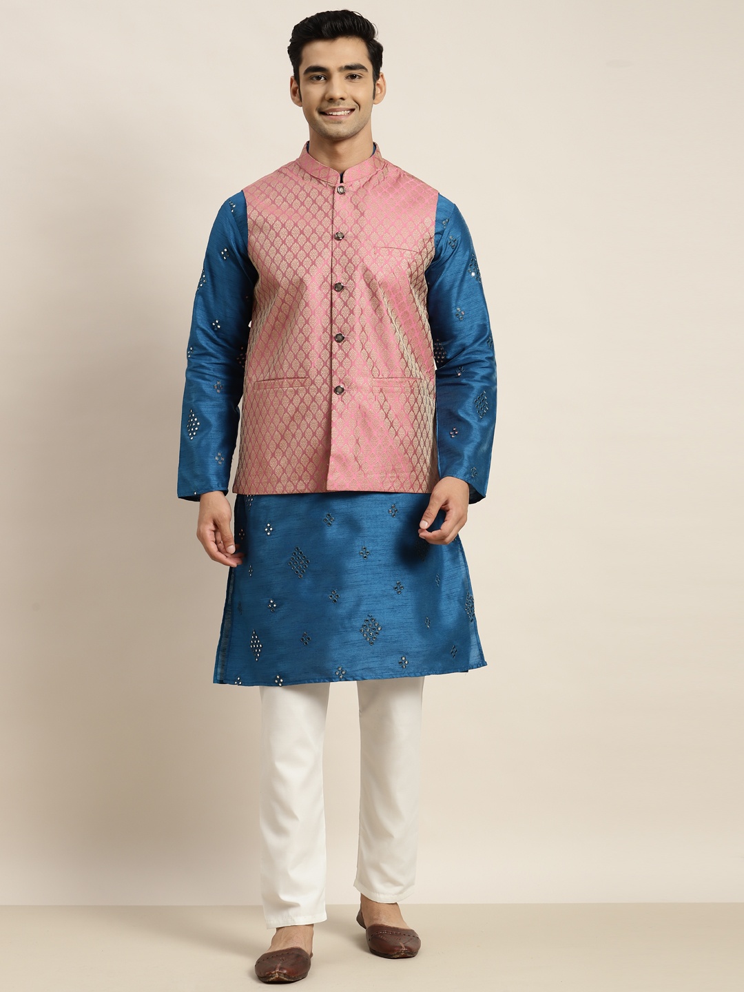 

SOJANYA Men Blue Mirror Work Kurta with Pyjamas & Nehru Jacket