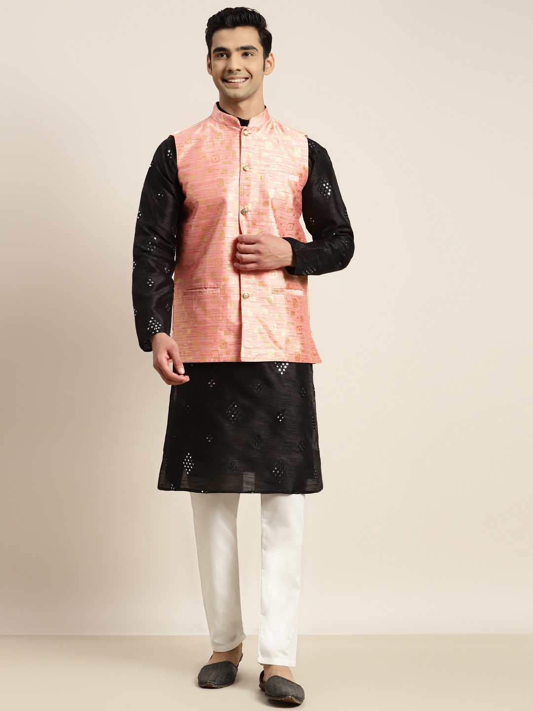 

SOJANYA Men Black Mirror Work Kurta with Pyjamas & Nehru Jacket