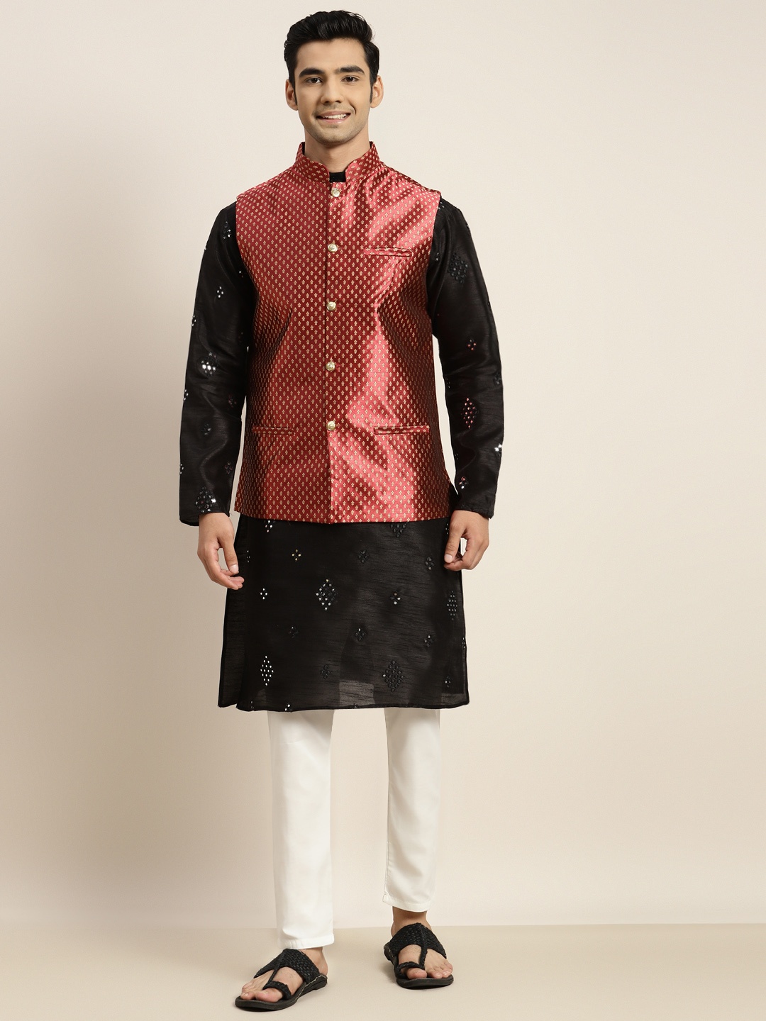 SOJANYA Men Black Mirror Work Kurta with Pyjamas & Nehru Jacket
