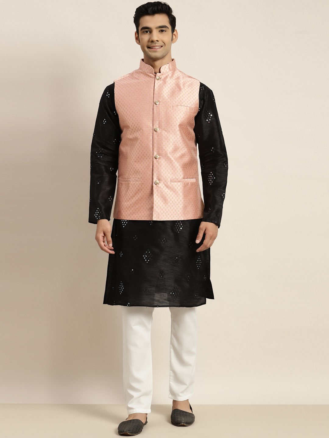 

SOJANYA Men Black Mirror Work Kurta with Pyjamas & Nehru Jacket