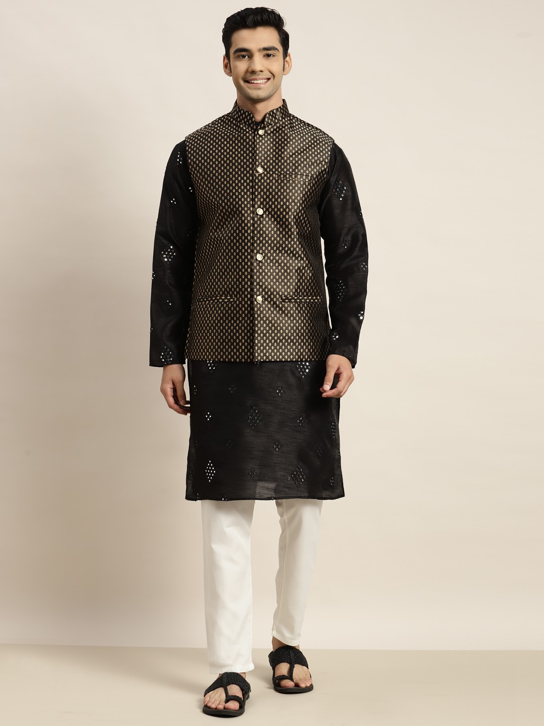 

SOJANYA Men Black Mirror Work Kurta with Pyjamas & Nehru Jacket