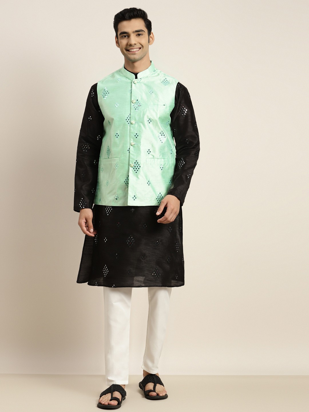 

SOJANYA Men Black Mirror Work Kurta with Pyjamas & Nehru Jacket