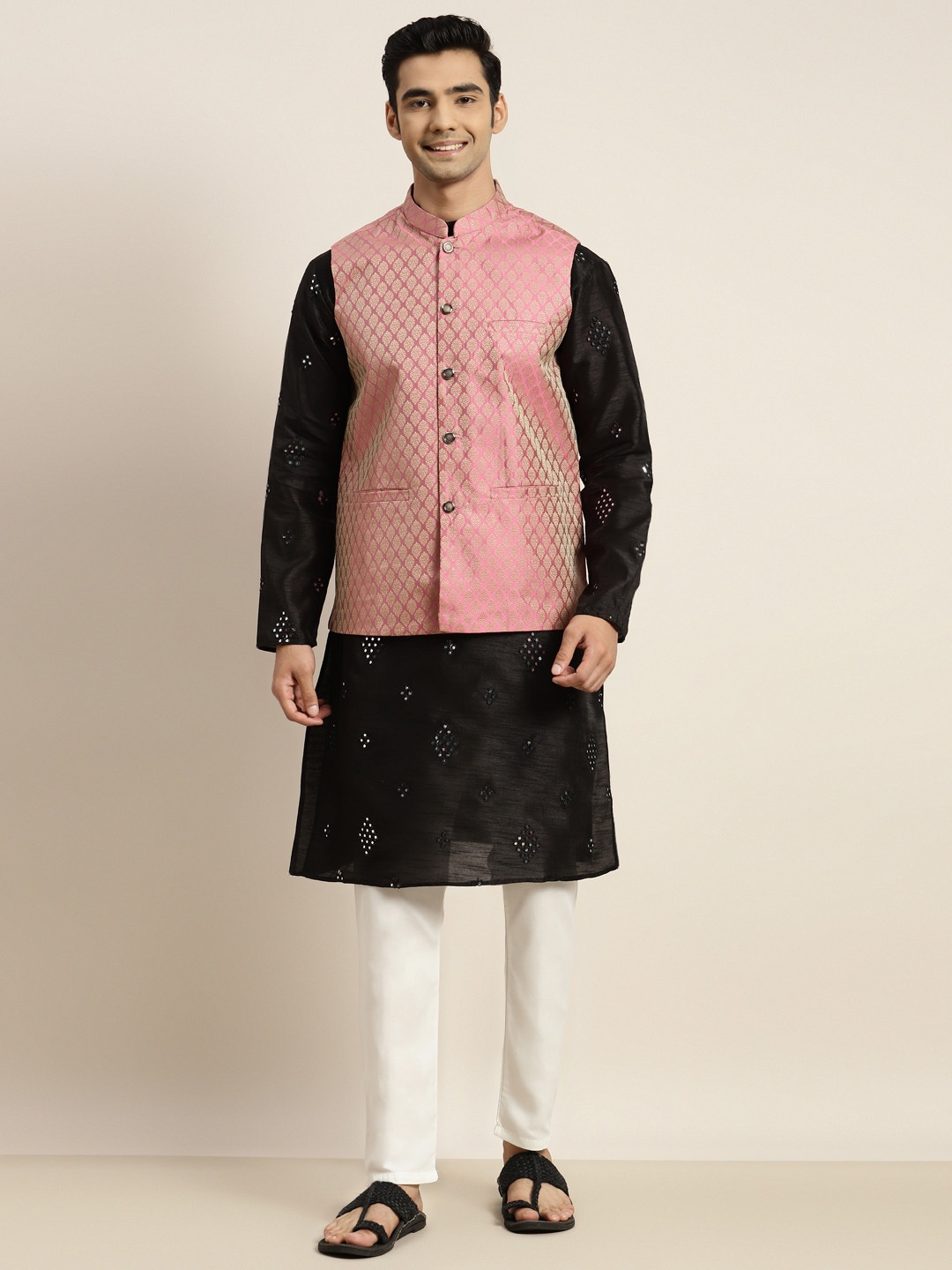 SOJANYA Men Black Mirror Work Kurta with Pyjamas & Nehru Jacket