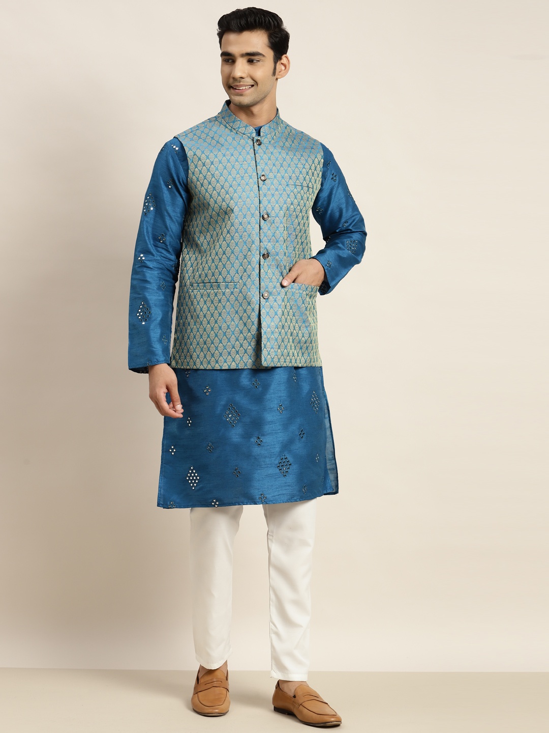 SOJANYA Men Blue Mirror Work Kurta with Churidar & Nehru Jacket