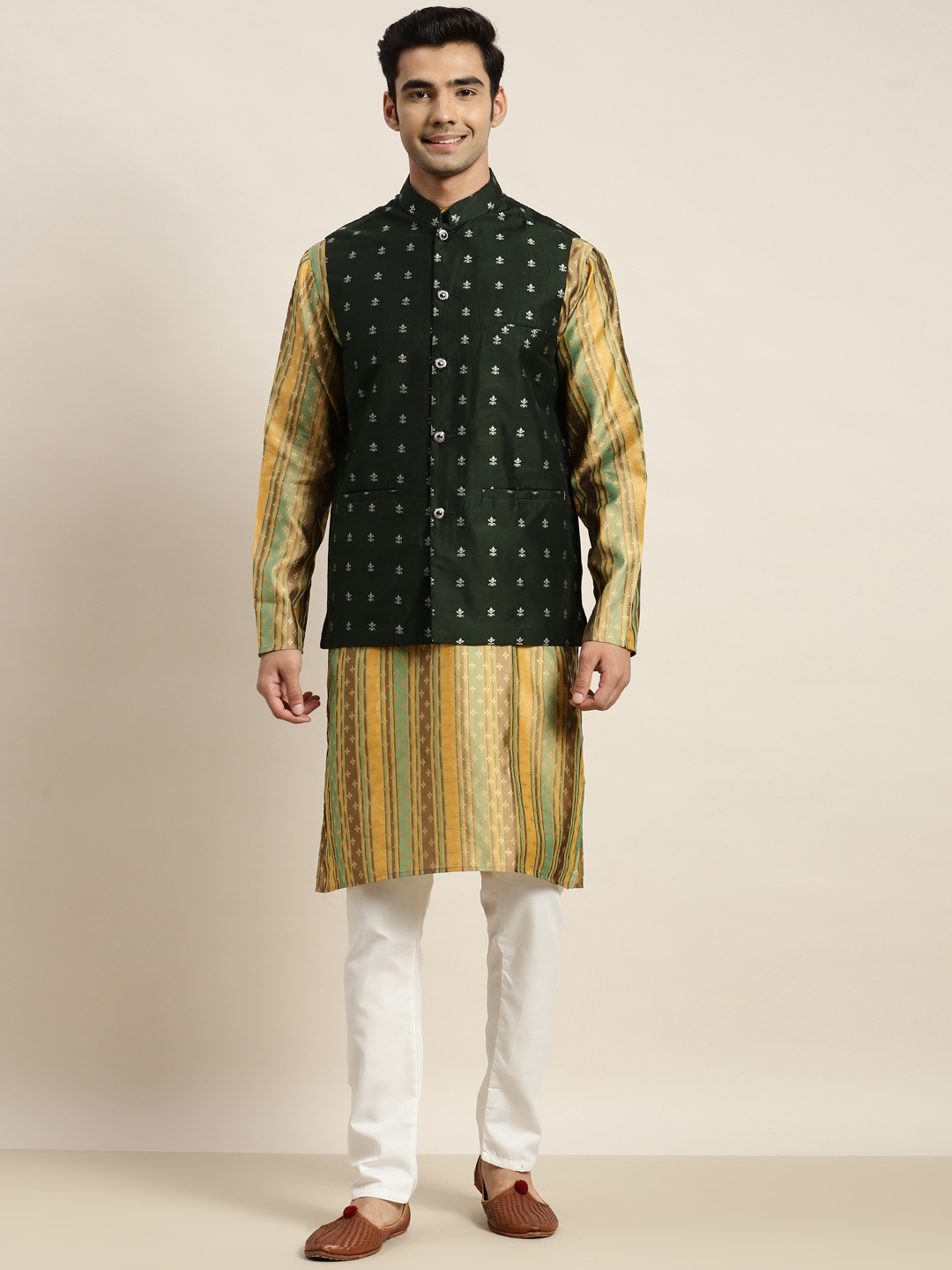 

SOJANYA Men Mustard Yellow Woven Design Kurta with Pyjamas With Nehru Jacket