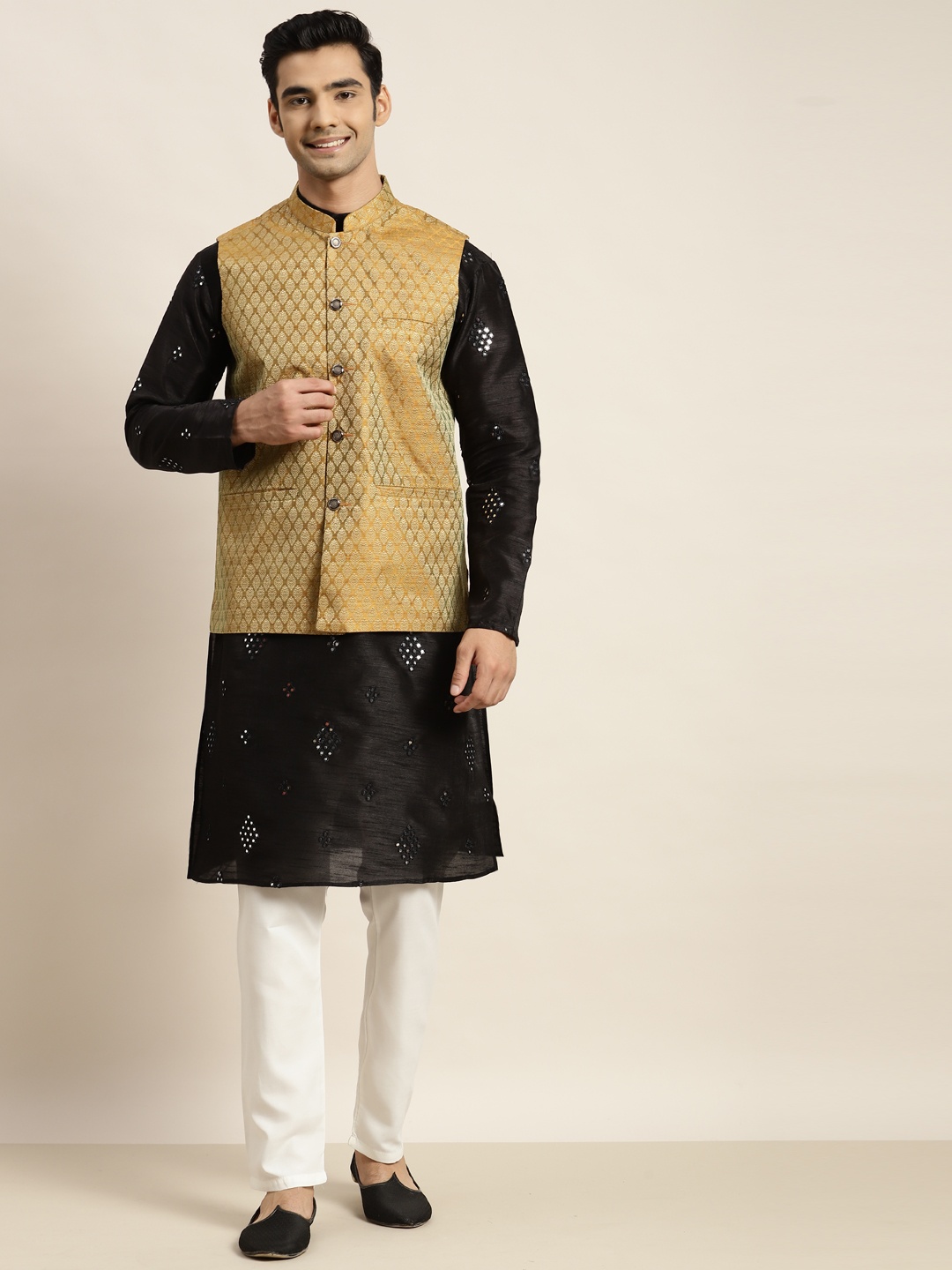 

SOJANYA Men Black Mirror Work Kurta with Pyjamas & Nehru Jacket