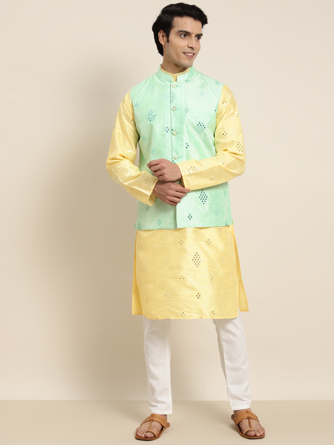

SOJANYA Men Yellow Embroidered Mirror Work Kurta with Pyjama With Nehru Jacket