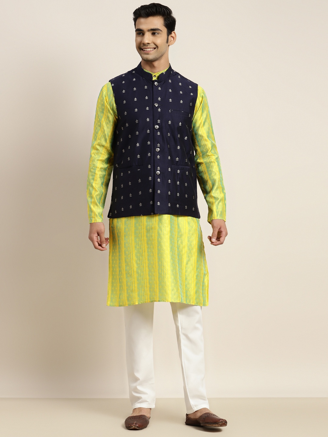 

SOJANYA Men Yellow Woven Design Kurta with Churidar With Nehru Jacket