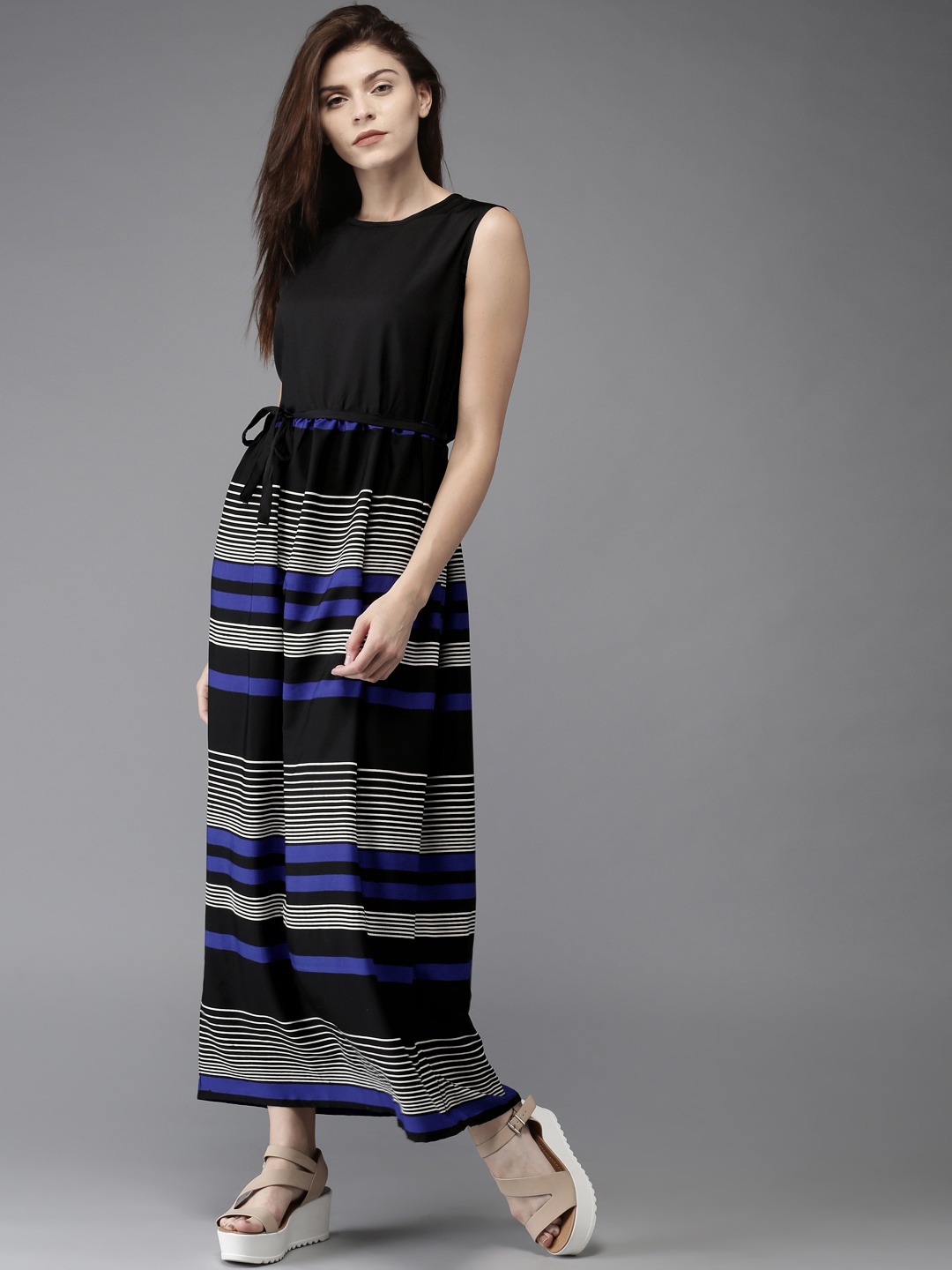 

HERE&NOW Women Black & White Striped Maxi Dress