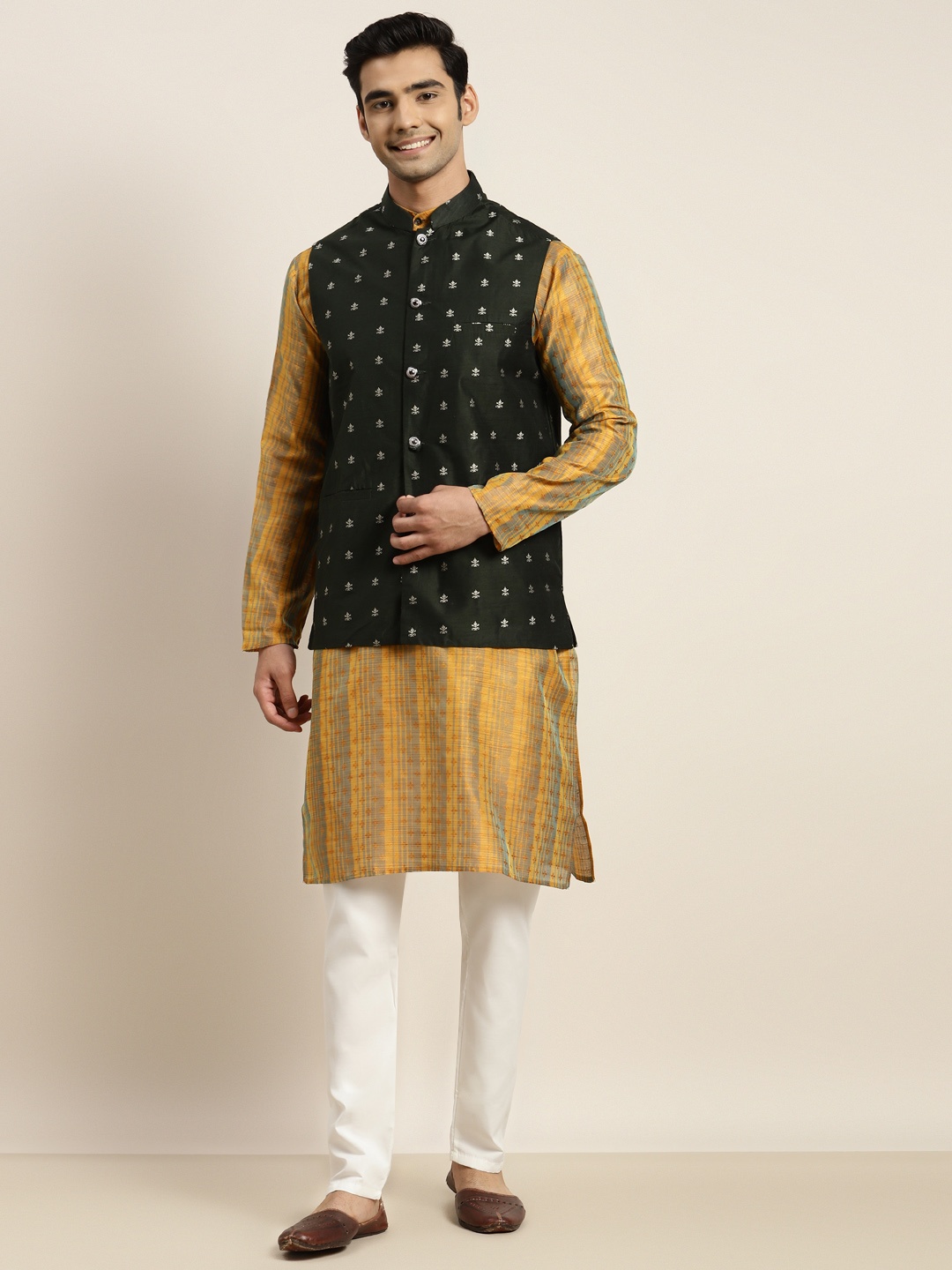 

SOJANYA Men Mustard Yellow Woven Design Kurta with Pyjamas With Nehru Jacket