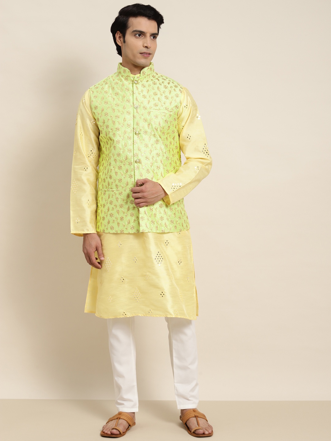 

SOJANYA Men Yellow Mirror Work Kurta with Pyjamas & Nehru Jacket