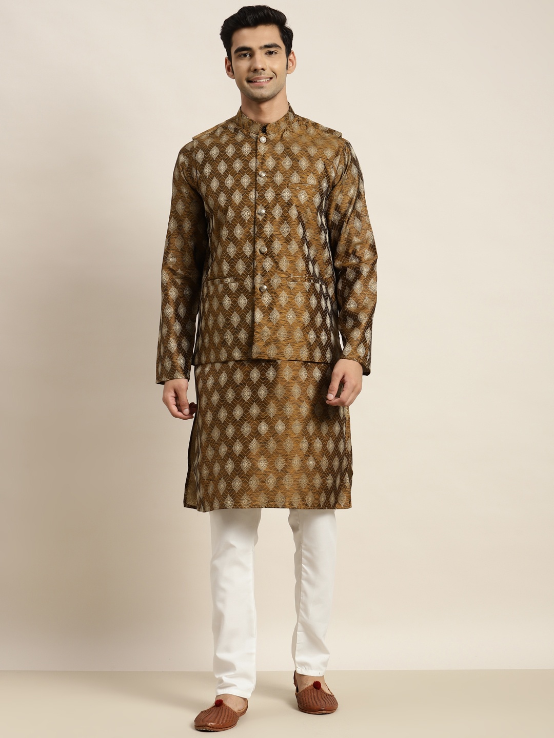 

SOJANYA Men Mustard Yellow Woven Design Kurta with Pyjamas With Nehru Jacket