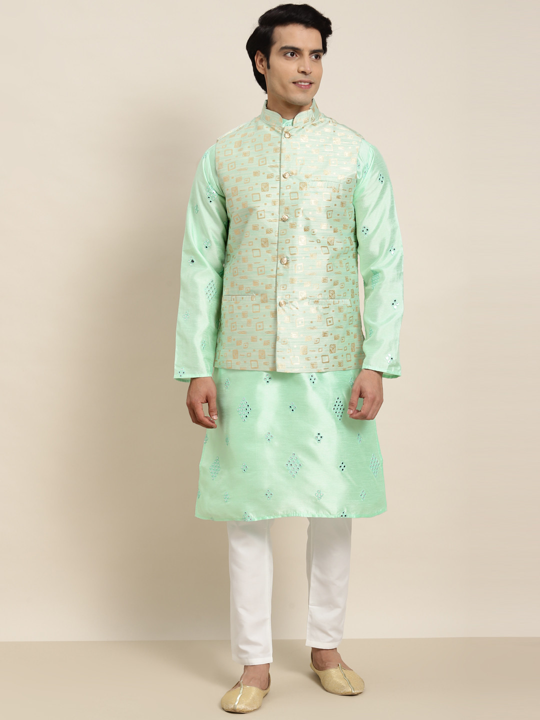 

SOJANYA Men Sea Green Ethnic Motifs Embroidered Mirror Work Kurta Pyjamas & Nehru Jacket