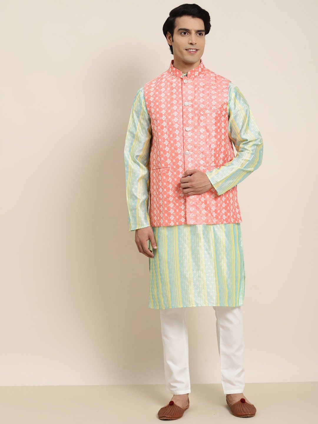 

SOJANYA Men Sea Green Woven Design Kurta with Pyjamas With Nehru Jacket