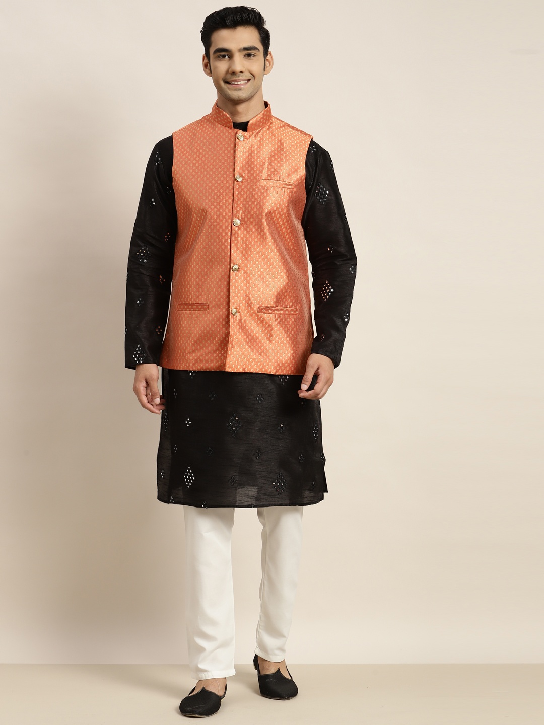 

SOJANYA Men Black Mirror Work Kurta with Pyjamas & Nehru Jacket