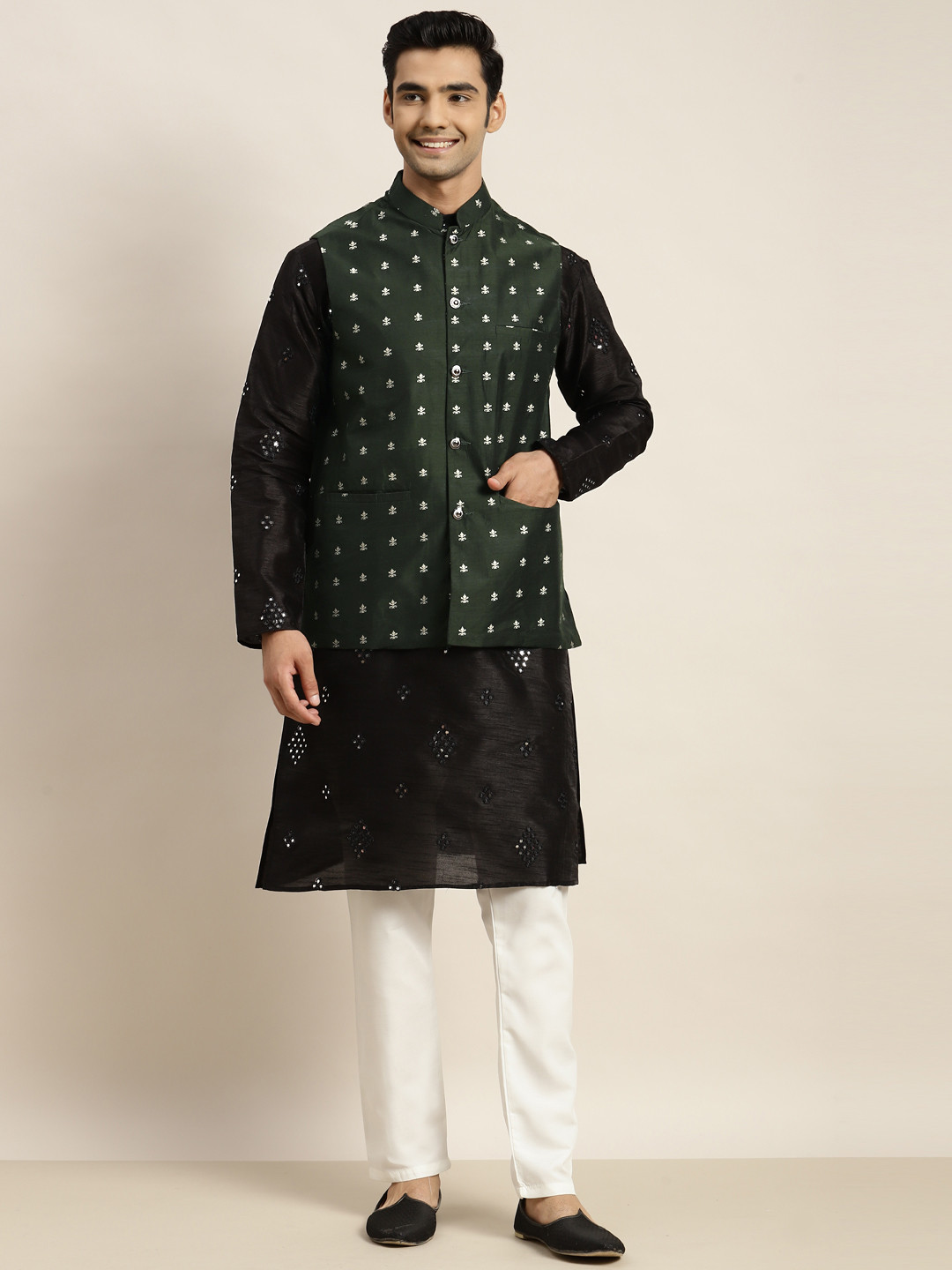 

SOJANYA Men Black Mirror Work Kurta with Pyjamas & Nehru Jacket