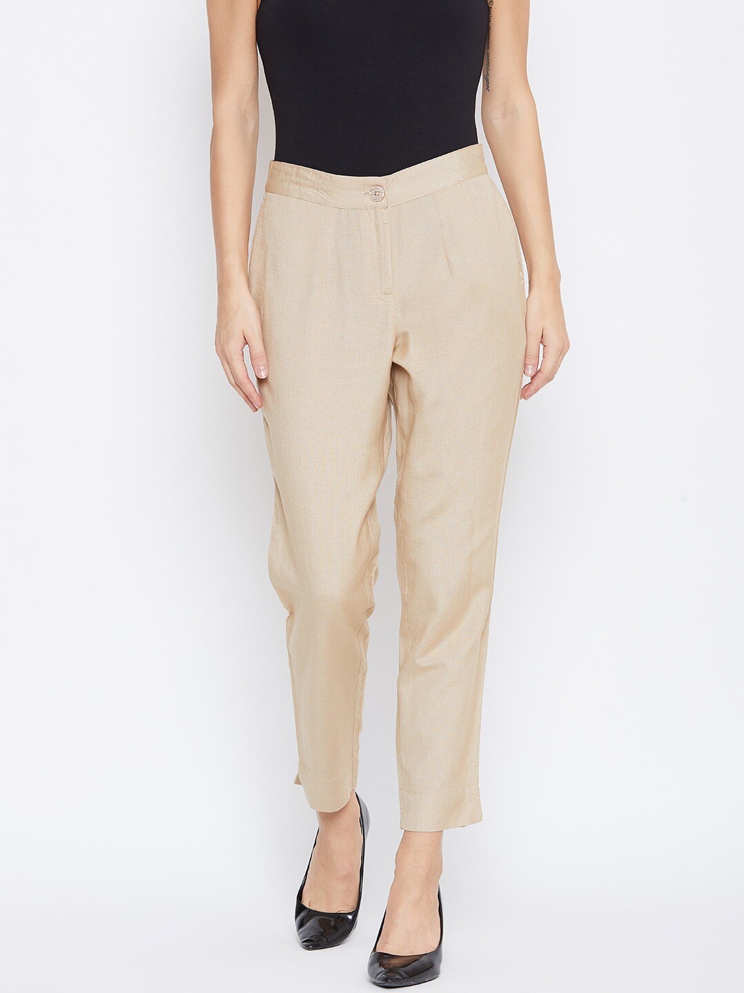

fabGLOBAL Women Beige Slim Fit Trousers