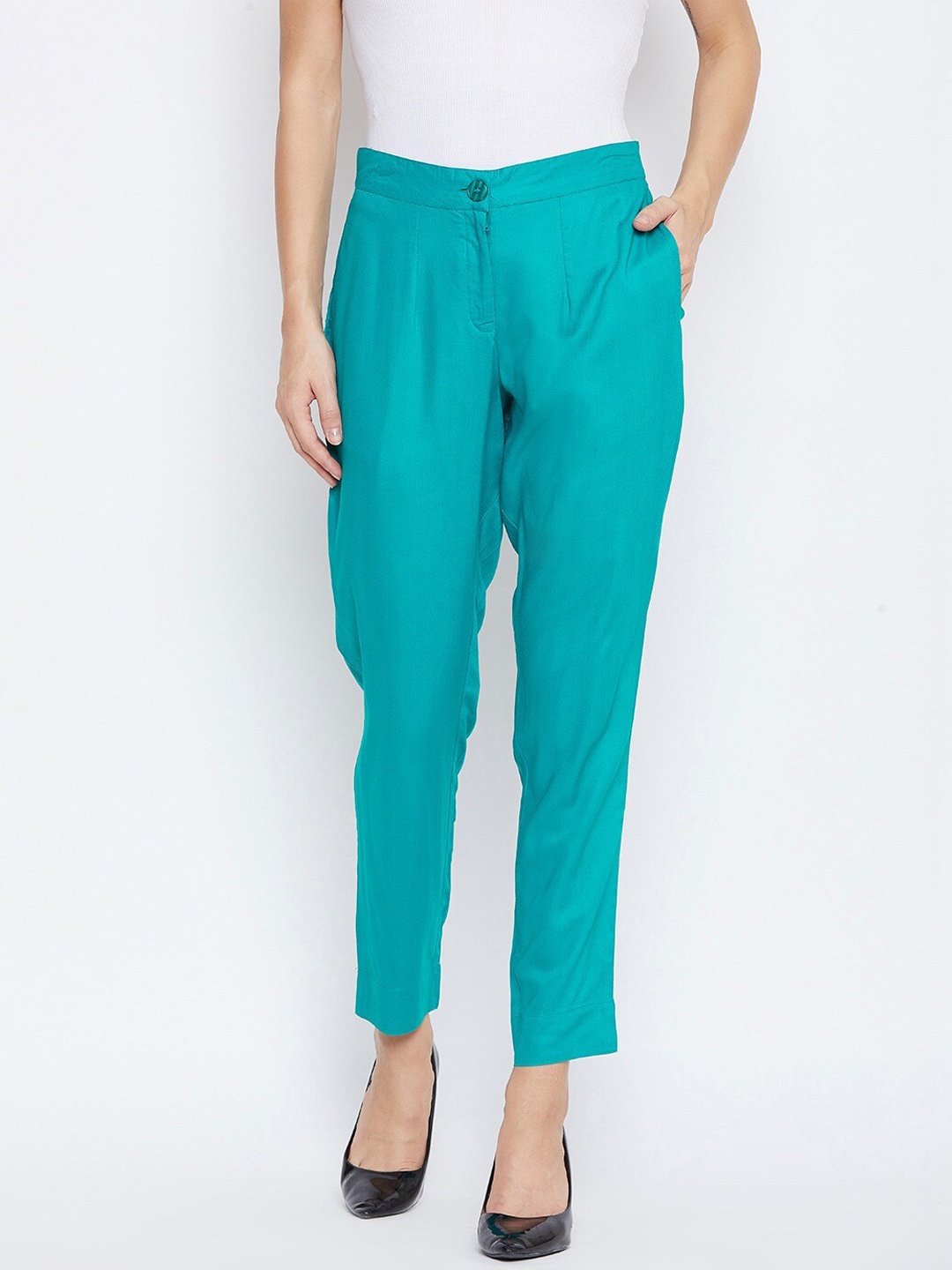 

fabGLOBAL Women Teal Slim Fit Trousers