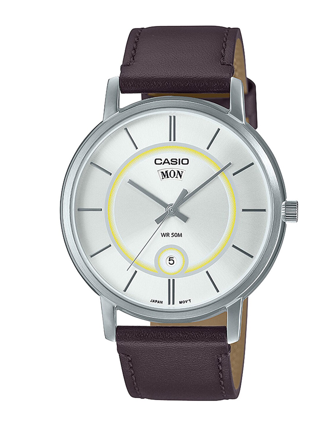 

CASIO Men White Printed Dial & Brown Leather Straps Analogue Watch A2046-White