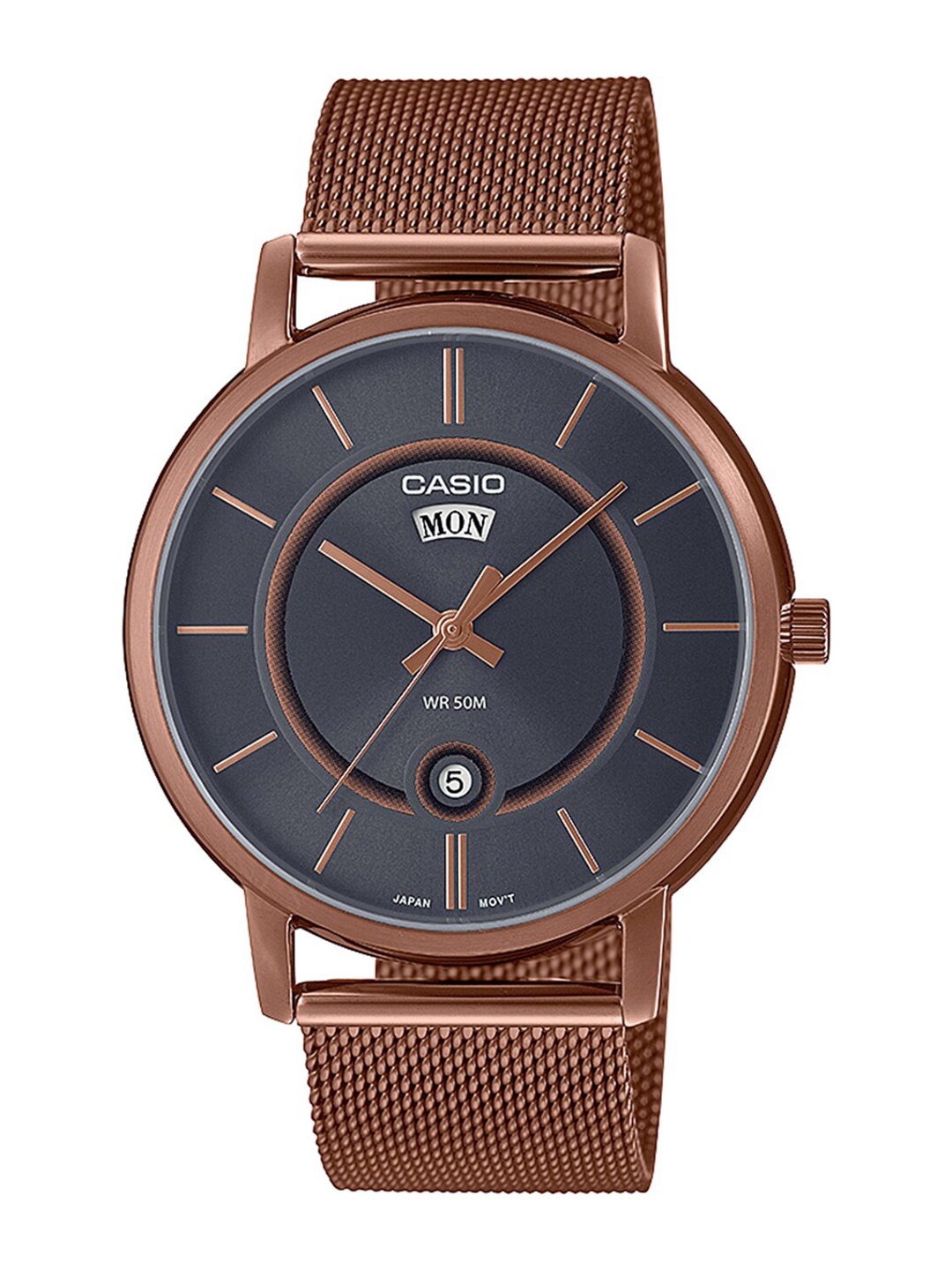 

CASIO Men Black Dial & Rose Gold Toned Stainless Steel Bracelet Style Straps Analogue Watch A2048