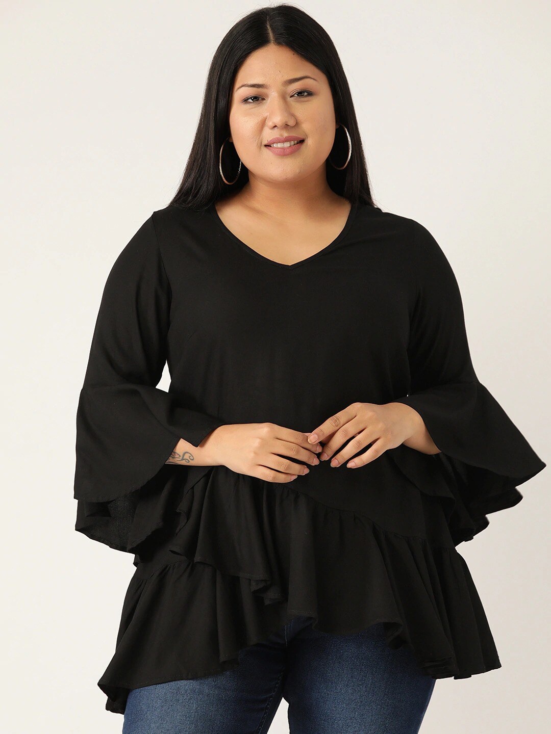 

theRebelinme Women Plus Size Black Solid V-Neck A-Line Top