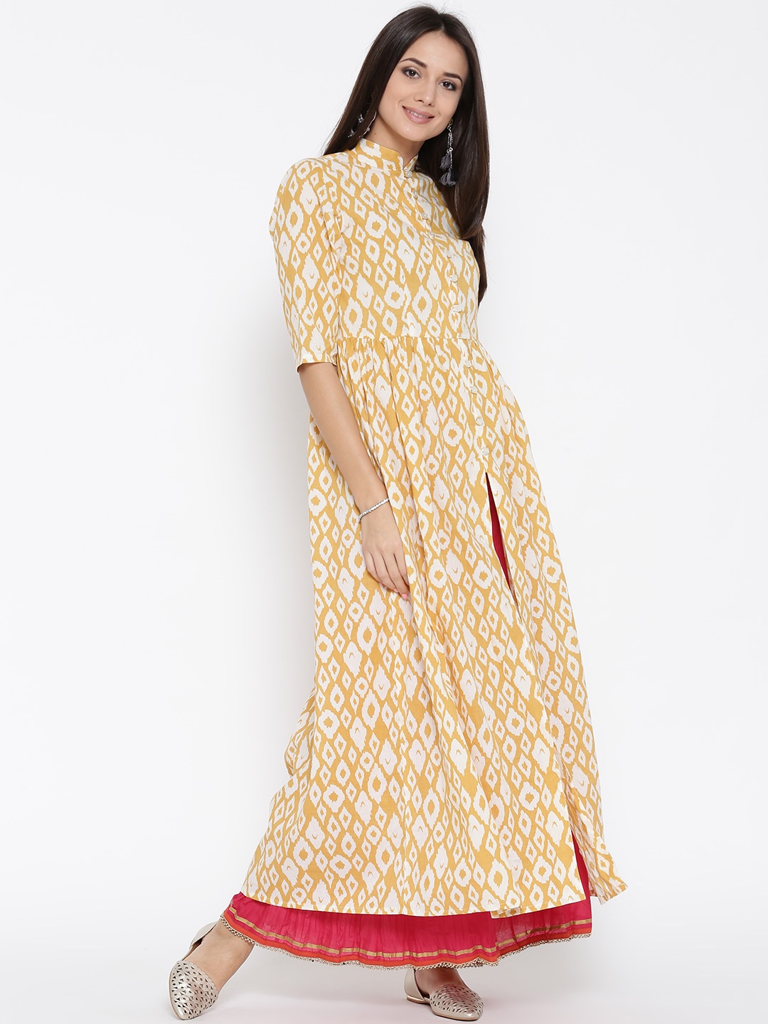 

Sera Women Mustard Yellow & Off-White Printed A-Line Kurta
