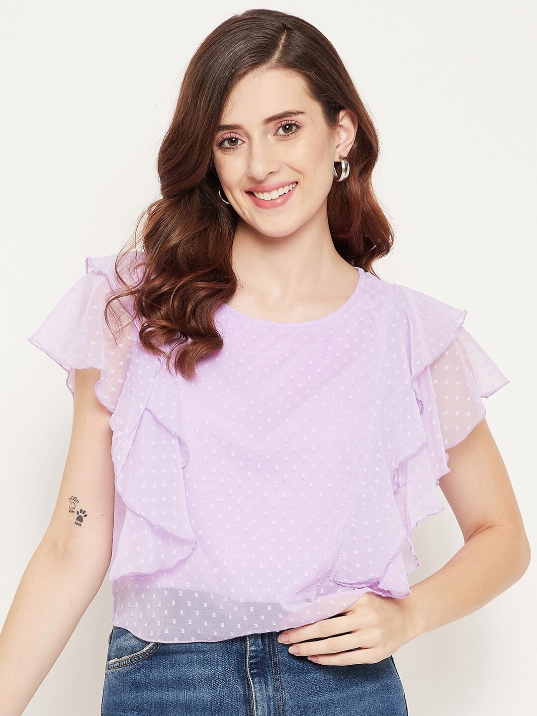 

Bitterlime Women Lavender Ruffles Georgette Crop Top