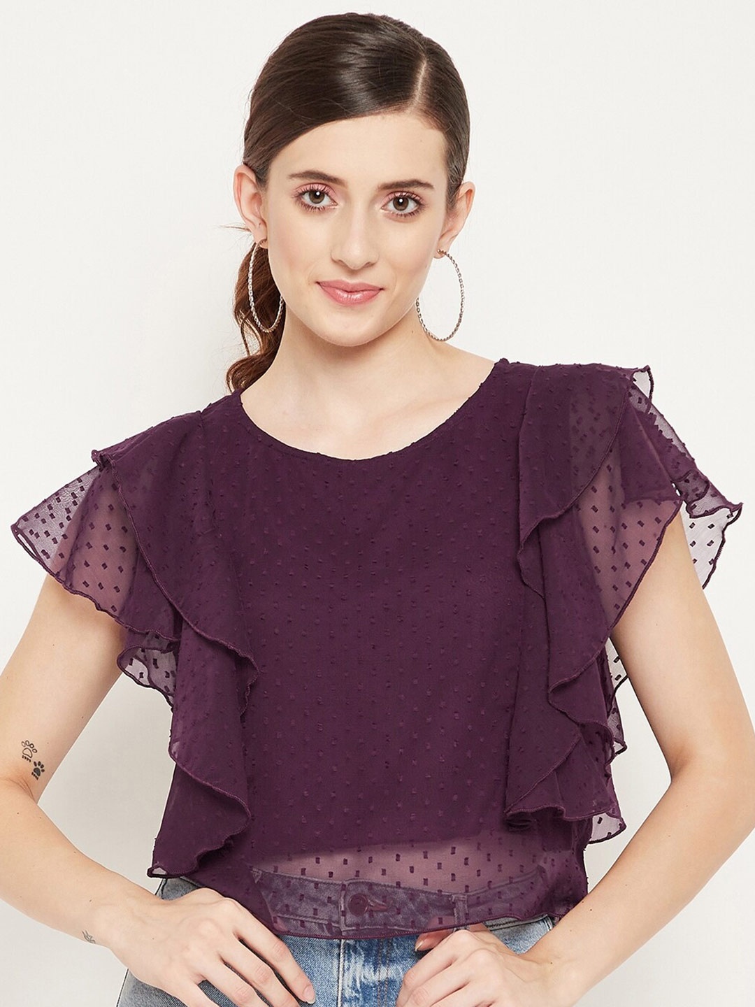 

Bitterlime Purple Ruffles Georgette Top