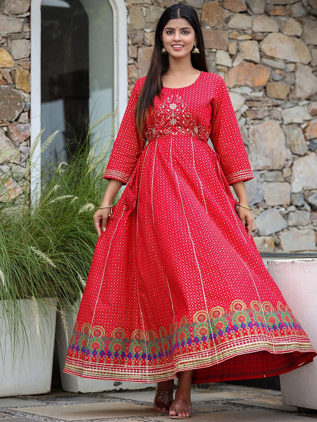 

KAAJH Women Red Embroidered Cotton Maxi Ethnic Dresses